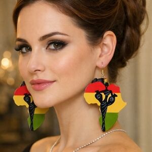 Fashion Jewelry African Continent Earrings - Red, Yellow, Green, Black
